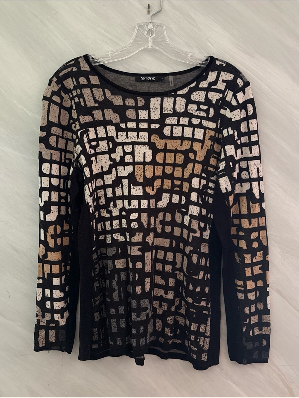 NIC+ZOE L Mosaic Grid Long Sleeve Abstract Geometric Earth Tones Sweater